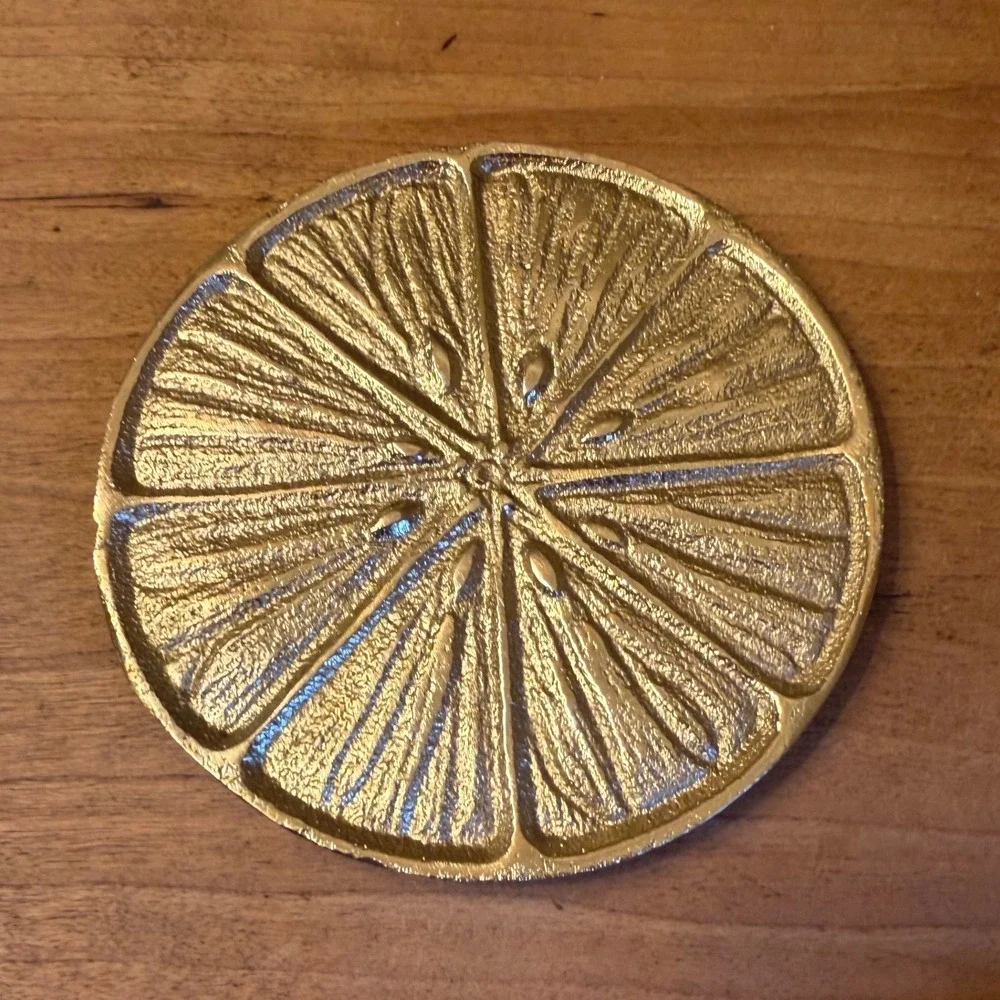 Set of 4 Gold Tone Orange Slice Metal Coasters Citrus Fruit Drink Coaster Set